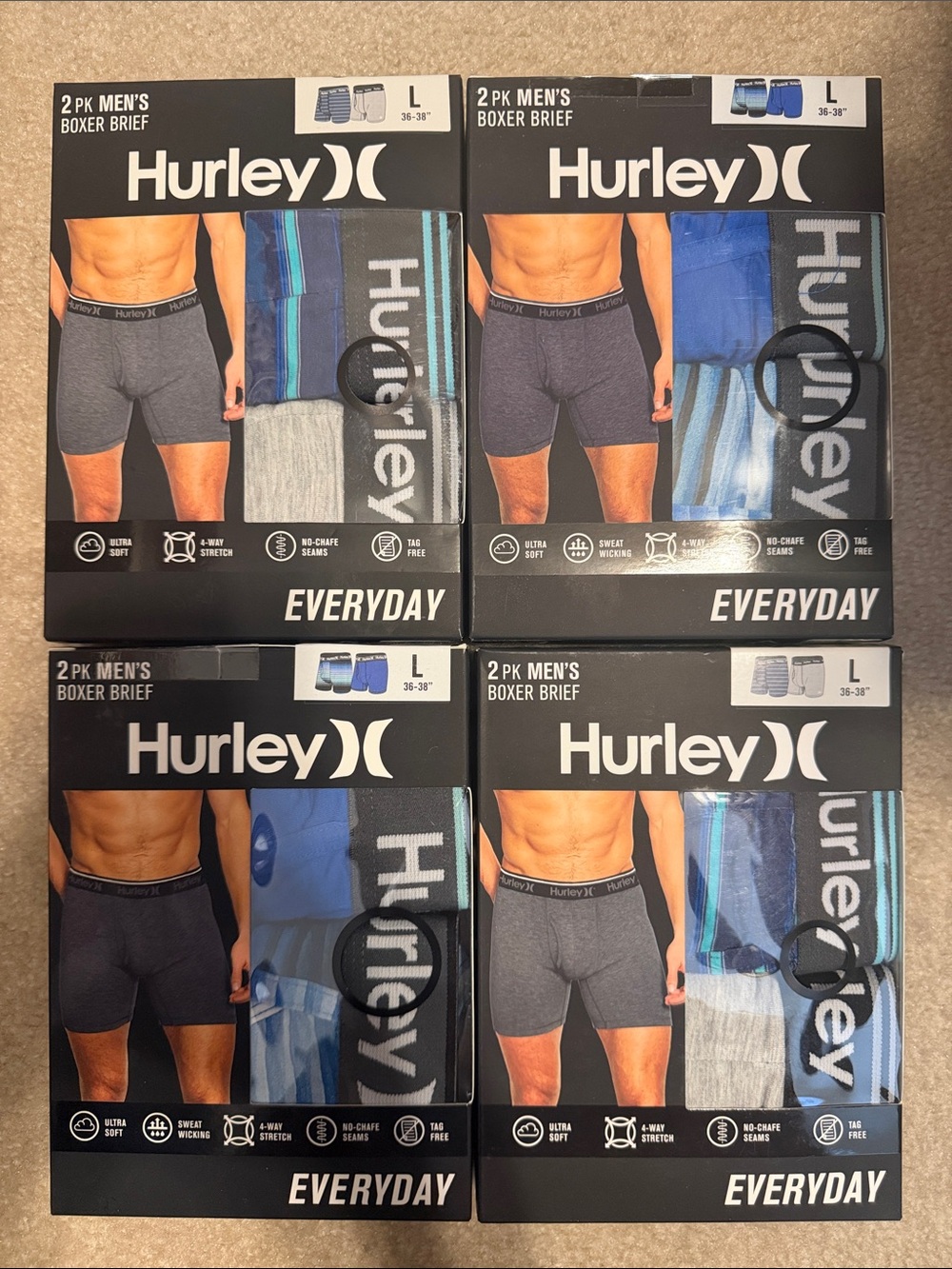 4 boxes Hurley Men’s Boxer Brief 2-Pack - Gray & Blue NEW